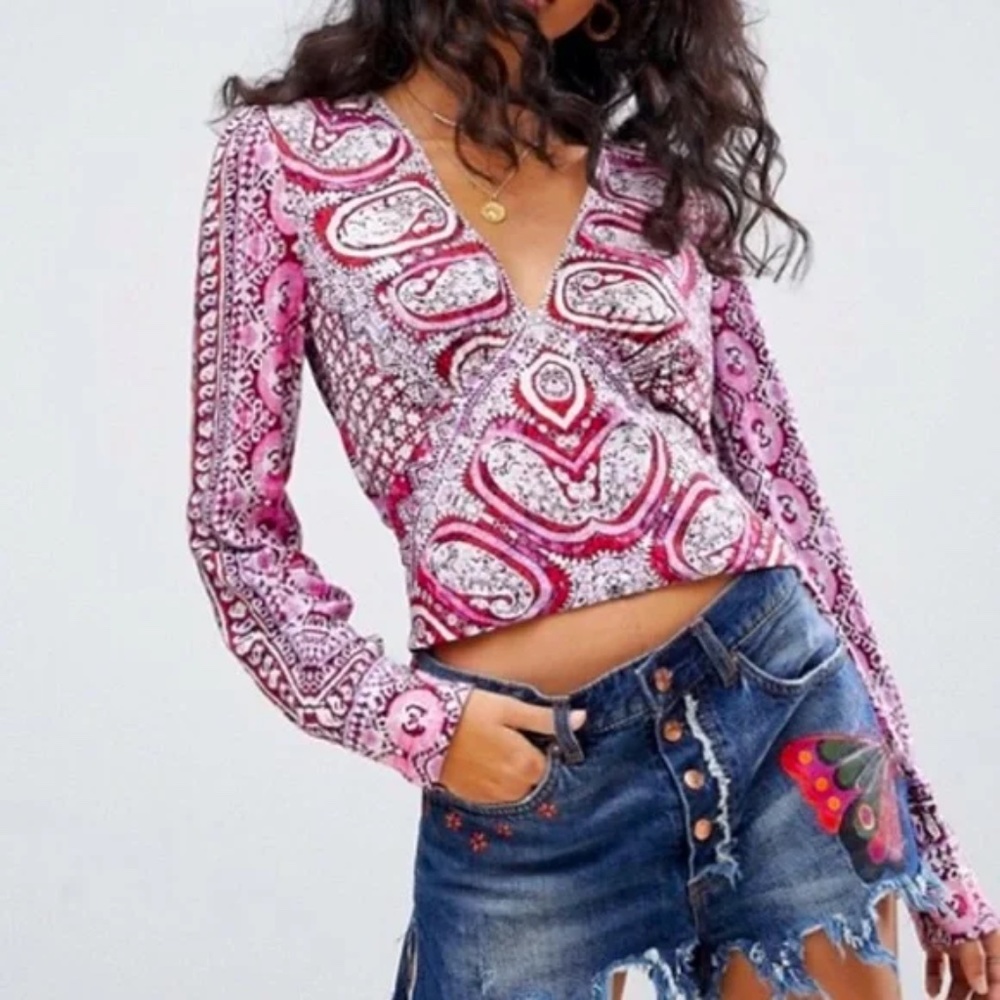 FREE PEOPLE Wild and Free Paisley Crop Top Pink Purple M